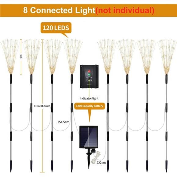 Solar Garden Lights 8 Pack, Decorative Lamps, 120 LED Solar Firework Lights - Picture 5 of 7